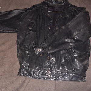 BLACK FAUX LEATHER snap buttoned casual jacket men
